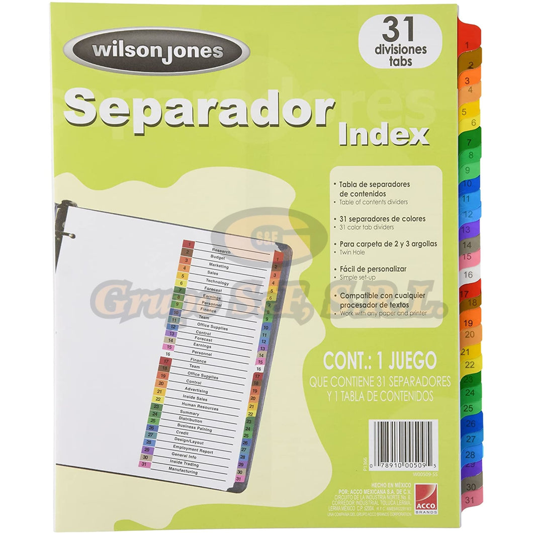 Separador P/carpeta Num. 1-31 W.j. Material & Equipo De Oficina